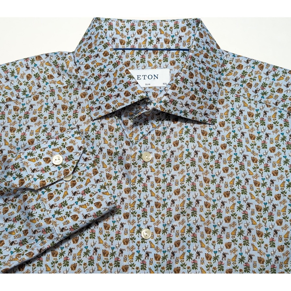 ETON Long Sleeve Dress Shirt Animal Print Bear Wolf Moose Floral Blue ~ 15 3/4